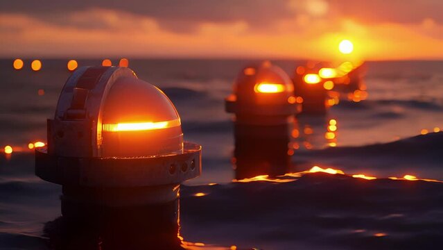 The sun sets over the ocean casting a warm glow on the tidal energy converters as they continue to spin powering homes and businesses with the renewable energy of the tides.