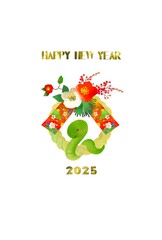 2025年　しめ縄とヘビのかわいい年賀状　巳年