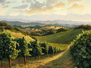 Naklejka premium Vineyards on Rolling Hills, Generative AI Illustration