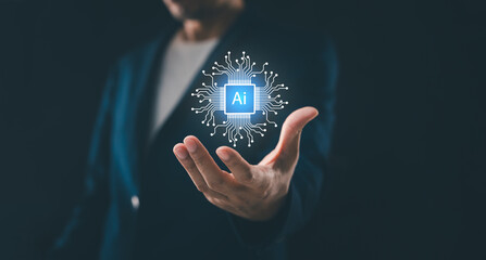 Ai tech. Artificial intelligence and automated machine learning, featuring a blue digital user interface, are set against the backdrop of a businessman's hand. The scene integrates cybersecurity.