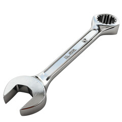 Close-up image of a chrome metallic combination wrench, isolated on a white background. Perfect for tools, mechanics, and repair themes.