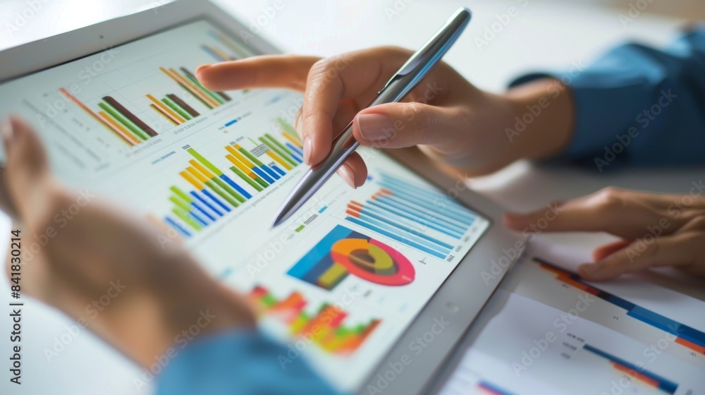 Aufkleber A professional analyzing a graph on a tablet, with additional financial documents spread out on the table.