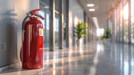 Red Fire Extinguisher In Modern Office Corridor With Natural Light