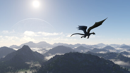 Fototapeta premium Illustration of a lone black dragon flying over hilly terrain on an alien world.