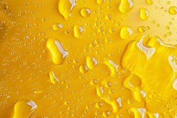 A close up image showing water droplets on a bright yellow surface