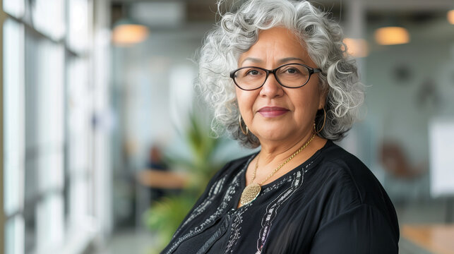copy space, stockphoto, elderly obese hispanic business woman standing in an office environment. Succesful hispanic business woman standing in an office. Confident successful woman.