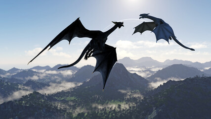 Illustration of two dragons flying over hilly terrain on an alien world.