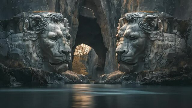 Two lion heads made of stone standing on either side of the river, guarding the entrance to the gorge. a secret passage to a lost place.