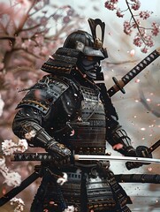 Naklejka premium Formidable Samurai Warrior in Ornate Armor Wielding Katana Amidst Falling Cherry Blossoms