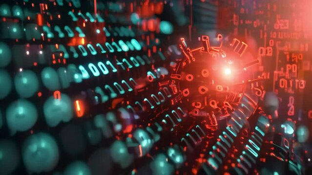 A menacing red-colored computer virus that infiltrates the binary program code consisting of zeros and ones, disrupting digital systems and compromising data security