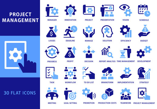 Project Management Dual Blue Flat Icons Set