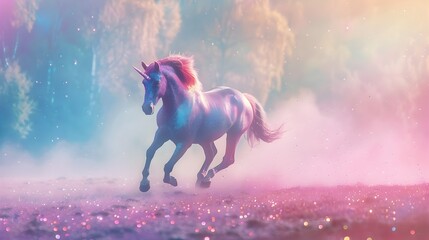 Majestic Unicorn Galloping Through Enchanted Dreamscape with Sparkling Lights and Misty Atmosphere