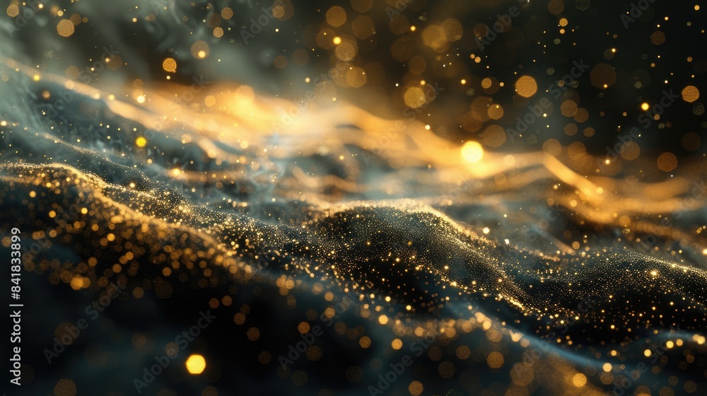 Poster immerse yourself in a mesmerizing world of glittering particles, where waves of light and shadow dan