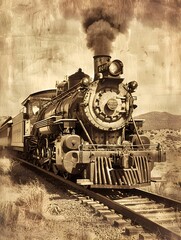 Powerful Vintage Steam Locomotive Traversing Picturesque Rural Landscape on Historic Railroad Track