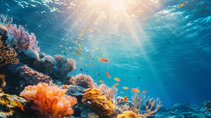 Obraz premium Underwater portrait of scuba diver exploring the sea
