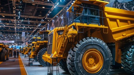 showcasing a lineup of heavy mining equipment at a trade show, with shiny paint and polished surfaces, emphasizing the latest technological innovations 