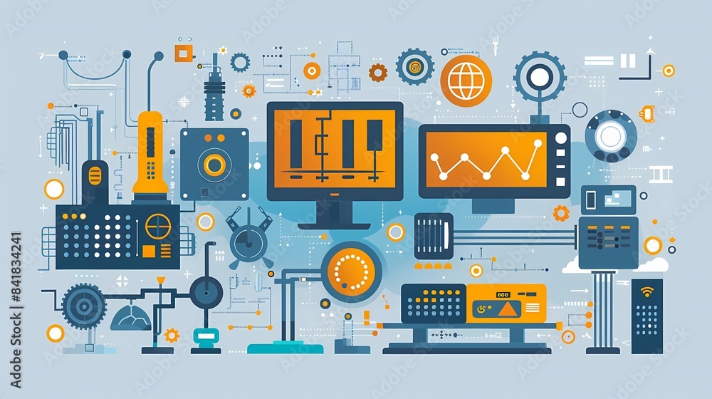 Wall mural flat design manufacturing technology with plc programming, industrial automation, and control system