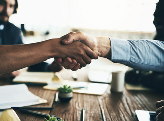 Business people, teamwork and handshake in meeting, cooperation and feedback for project, agreement...
