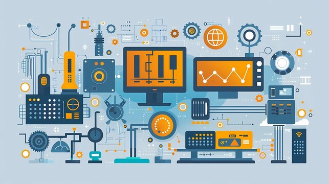 Flat design manufacturing technology with PLC programming, industrial automation, and control systems