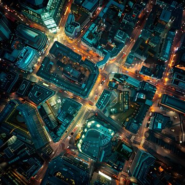 Breathtaking Aerial View of Illuminated Skyscraper Metropolis at Nightfall Showcasing Sprawling Urban Landscape and Architectural