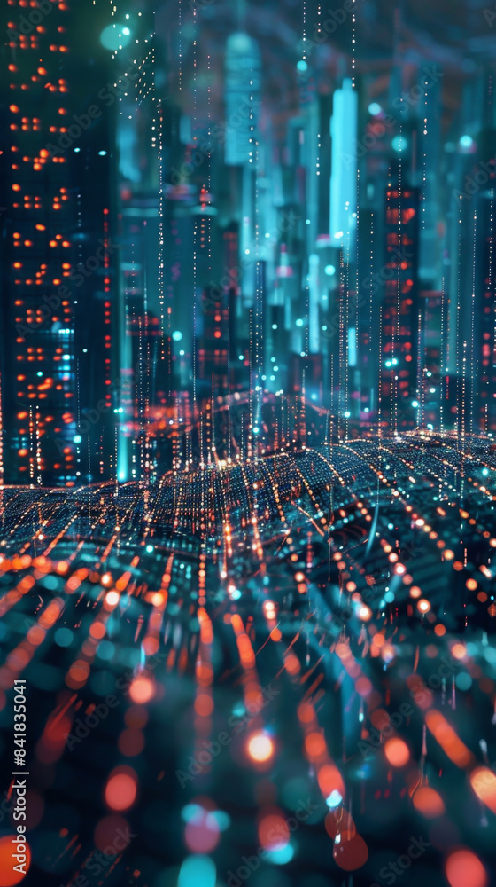 Poster a vibrant, futuristic cityscape illuminated with digital data streams and glowing lights, representi