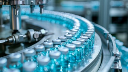 Medical vials on production line at pharmaceutical factory, Pharmaceutical machine working pharmaceutical glass bottles production line, health care, pandemic