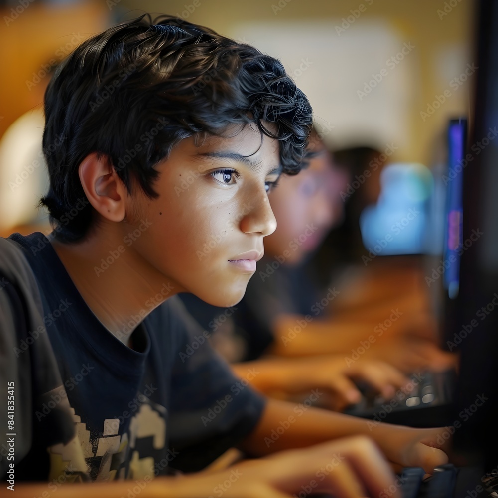 Poster young boy intently using computer at desk in school setting