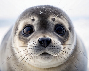 Naklejka premium A close-up of a baby seal with smooth, gray fur, large dark eyes, and whiskers, displaying its innocent and gentle appearance.
