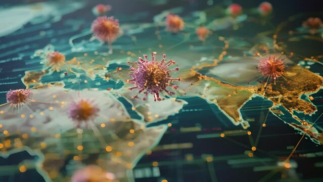 A map displaying the spread of a disease outbreak using geospatial data on population density and movement to predict its possible path and inform response efforts.