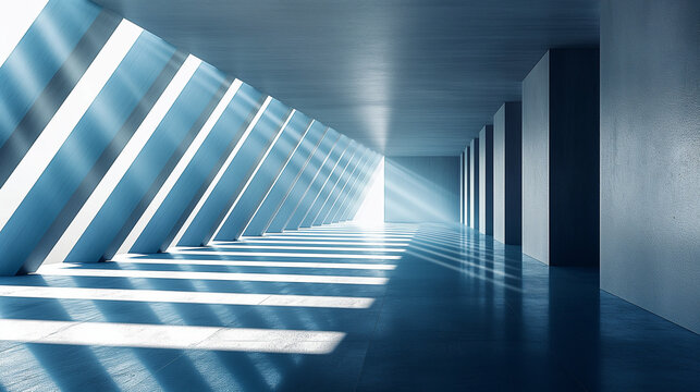  abstract architectural space, predominantly in shades of blue and white. There are diagonal beams of light casting intricate shadows on the smooth, reflective floor.