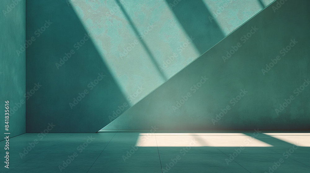 Poster minimalist scene with two walls and a floor. the walls are of a light blue hue, and there's a sharp 
