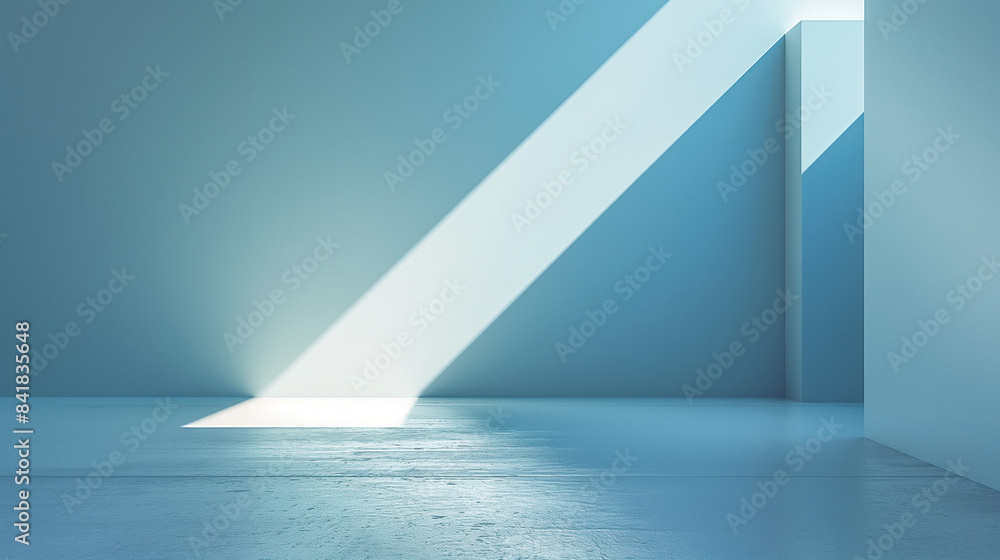 Poster minimalist scene with two walls and a floor. the walls are of a light blue hue, and there's a sharp 