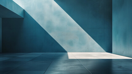 minimalist scene with two walls and a floor. The walls are of a light blue hue, and there's a sharp angle where one wall meets the floor, creating a triangular shadow