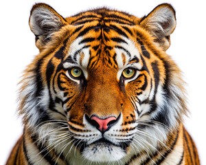 Fototapeta premium A close-up of a tiger's face with vivid orange fur, black stripes, and intense green eyes, highlighting its powerful and captivating presence