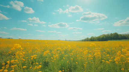 Obraz premium A vast field of vibrant yellow flowers under a clear blue sky with scattered white clouds. The horizon is marked by a line of trees, and the sky is illuminated by the soft glow of the sun