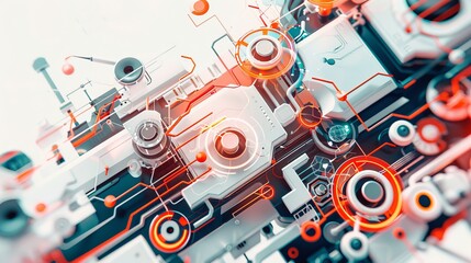 Fototapeta premium Technology systems in a sleek white tech background. Vector images showcase interconnected networks, digital grids, and futuristic designs, illustrating the seamless integration of modern technology