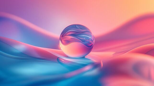abstract representation with a clear, spherical water droplet resting on a curved surface. The droplet reflects a gradient of colors, transitioning from a deep pinkish hue at the top to a lighter blue