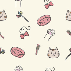 Seamless pattern with cat care items. Editable vector background for advertising veterinary services, pet store