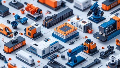 Obraz premium Flat design manufacturing technology with advanced welding machines, robotic welding, and precision joining