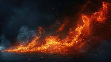 Fire Blazes Intensely with Smoke on Dark Background