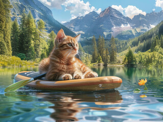 Kitten on Paddle Board in Lake, Generative AI Illustration