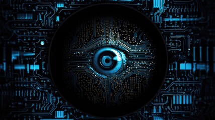 Technological eye with circuit board patterns. Cyber security and artificial intelligence theme. Design for digital identity, futuristic technology. Close up of eye surrounded with microchip. AIG35.