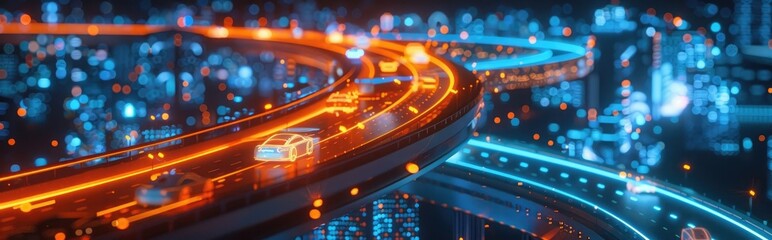 3D rendering and data visualization of the smart city with cars on the road map, using an orange...