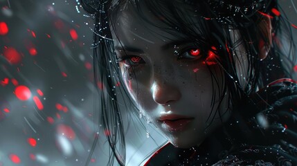 Warrior Princess Glares with Red Eyes, Abstract Background