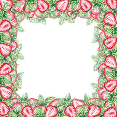 Strawberry and mint slices are framed in a watercolor illustration on a white background. Hand drawn strawberries for cookbooks, lemonade, restaurant menu design, bar, cards.