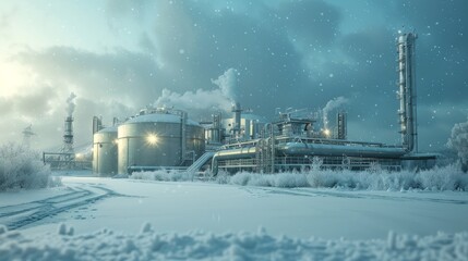 Obraz premium Eco-fuel manufactory with hydrogen tanks, set in a snowy environment, advanced technology, green energy emphasis