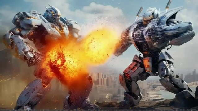 Epic Mecha Duel Explosive Combat in Futuristic Cityscape