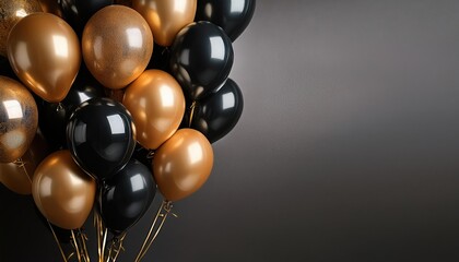 Black and golden balloons shimmering against a stylishly dark gray backdrop