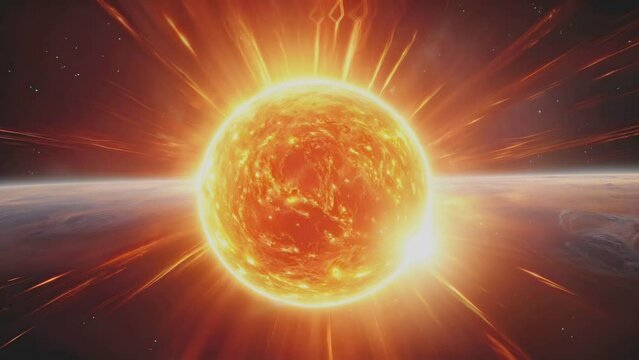 Star of our solar system 3D animation. Camera orbits, revealing nebula gases erupting from the Sun's surface. Solar flares and coronal mass ejections unleash a torrent of searing hot gases into space.