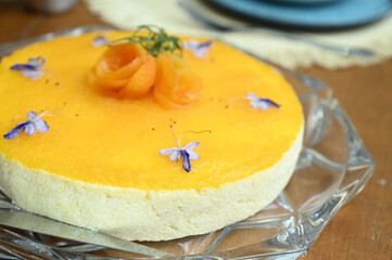 brie with apricot, apricot pie, brie decorated with flowers, edible flower
